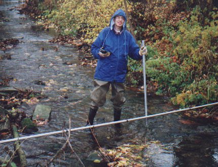 Geographen in freier Wildbahn: Ich selbst im Bach bei der Messung der Fließgeschwindigkeit... 